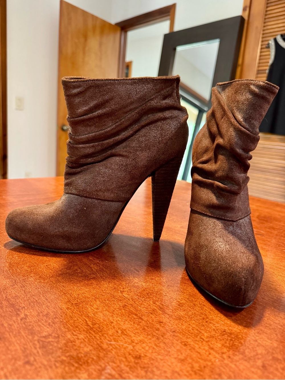 Elizabeth and James Chocolate Brown Suede Ruched Heeled Platform Ankle Boots